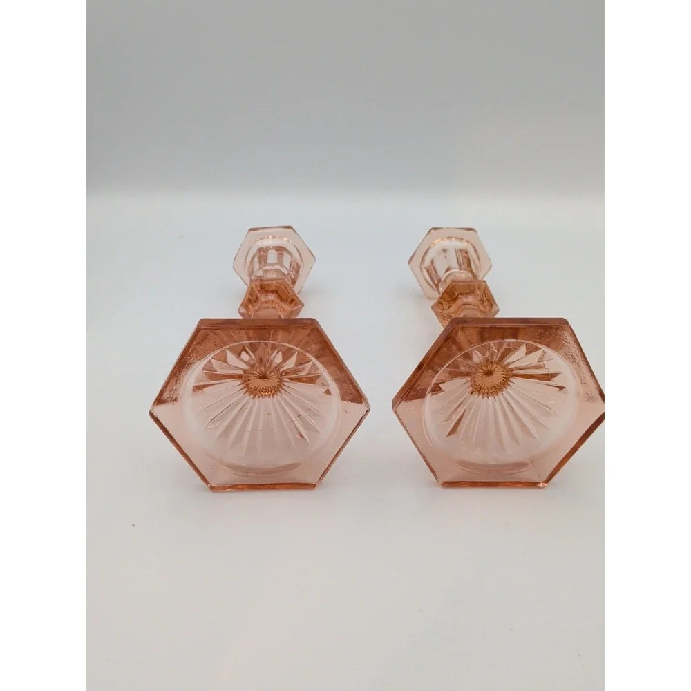 Pair of Vintage Deep Rose Pink Depression Glass Candlesticks, Beacon Hill 7.5